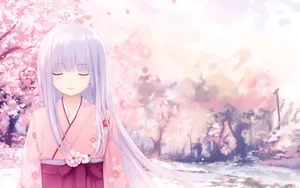 White Haired Girl Wearing Kimono Sakura Anime Wallpaper