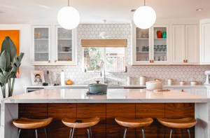 White Kitchen Design With Patterned Wall Wallpaper