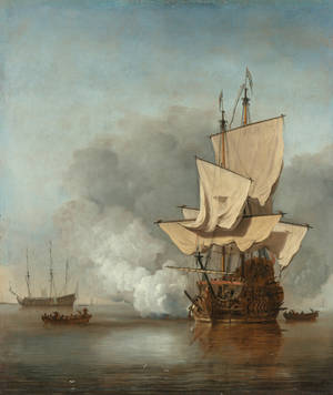 Willem Van De Velde The Gun Salute Painting Wallpaper