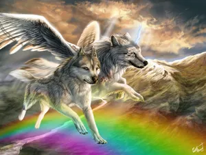 Winged Wolf Over The Rainbow Wallpaper