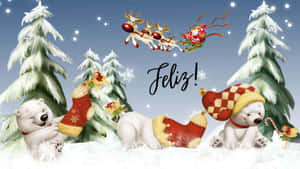 Winter_ Holiday_ Celebration_with_ Polar_ Bears_and_ Reindeer Wallpaper