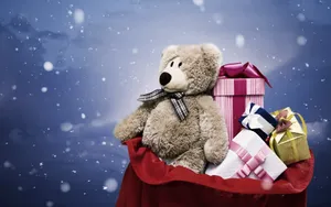 Winter Holiday Desktop With Gift Boxes And Teddy Bear Wallpaper