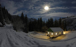 Winter House Under The Moonlight Wallpaper
