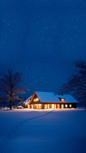 Winter House Under The Stars Wallpaper