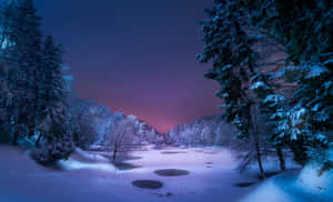 Winter Night Desktop With A Frozen Lake Wallpaper