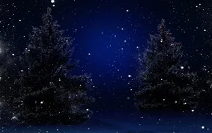 Winter Night Desktop With Floating Christmas Trees Wallpaper