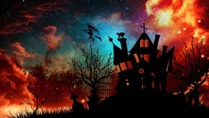 Witch And Cemetery Silhouette Halloween Computer Wallpaper