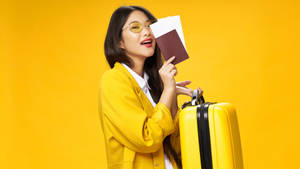 Woman Holding Passport And Yellow Suitcase Wallpaper