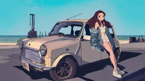 Woman With A Mini Cooper Car Anime Wallpaper