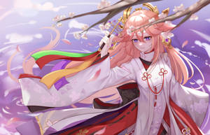 Yae Miko Swinging Magic Wand In Impressive Lightning Display Wallpaper