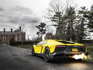 Yellow Lamborghini Aventador Exhaust Flames Wallpaper