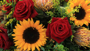 Yellow Sunflowers And Red Roses Wallpaper