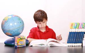 Young Boy Reading Educational Books Wallpaper